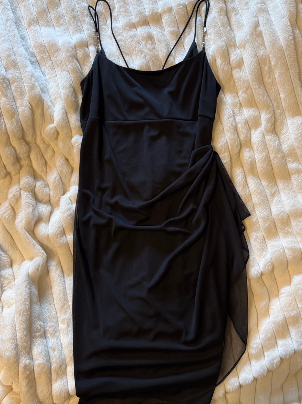 Alex Evenings Black Spaghetti-Strap Midi Dress with Draped Side Detail